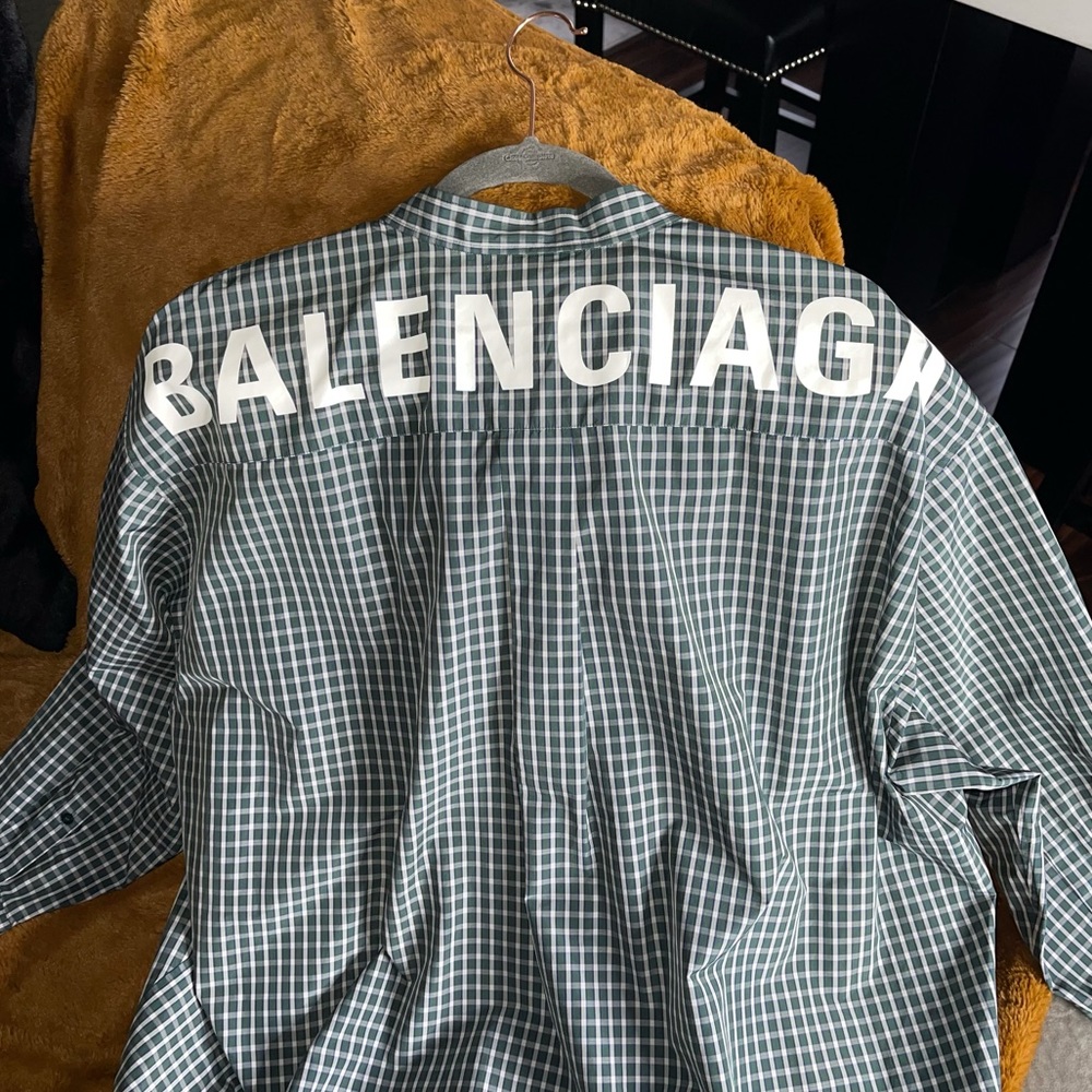 Balenciaga Green New Swing Pussy-Bow Oversized Checked Logo Shirt - Picture 8 of 13